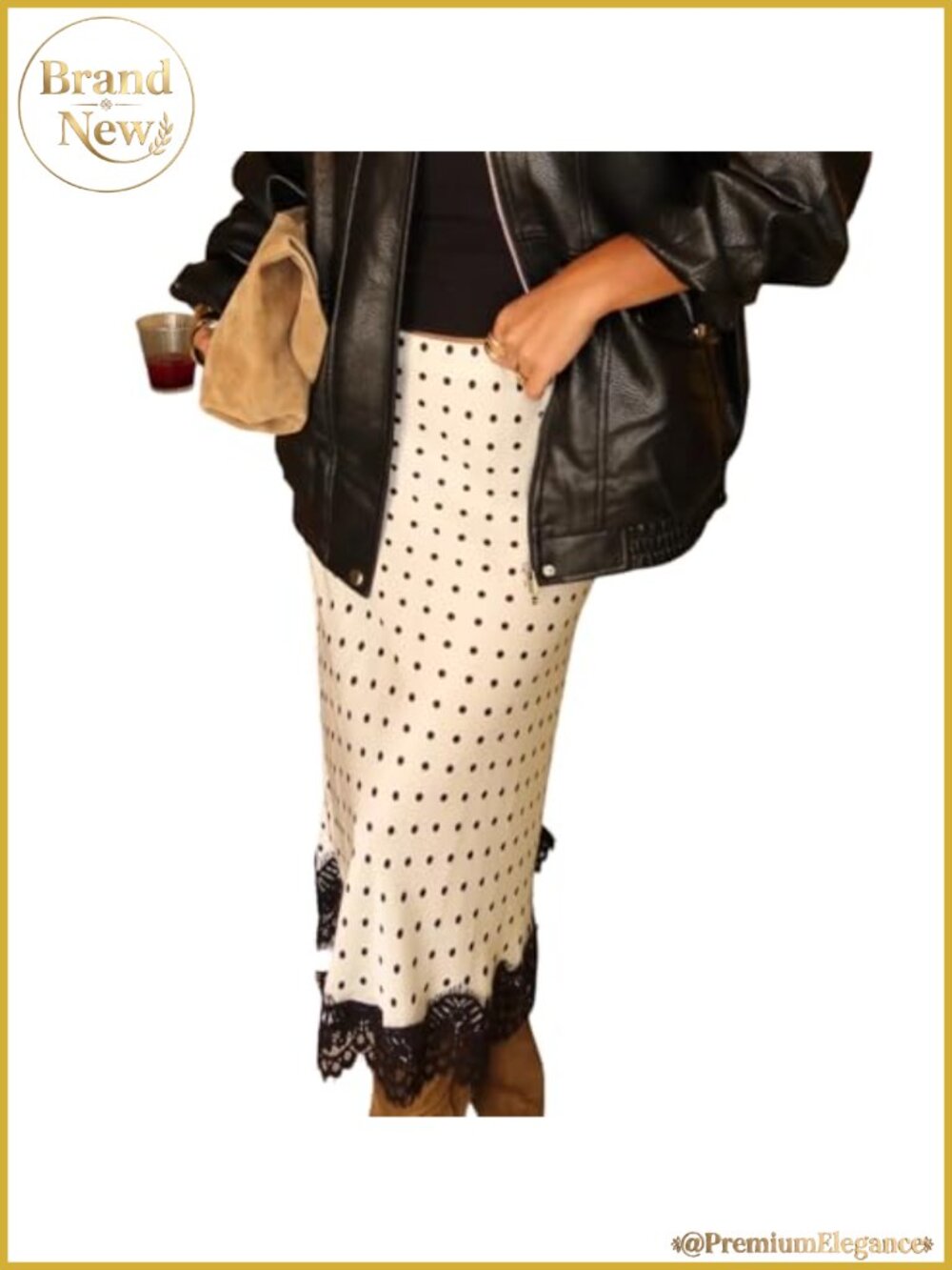 Satin Lace Trim Polka Dot Midi Skirt Women Vintage Flowy Pencil